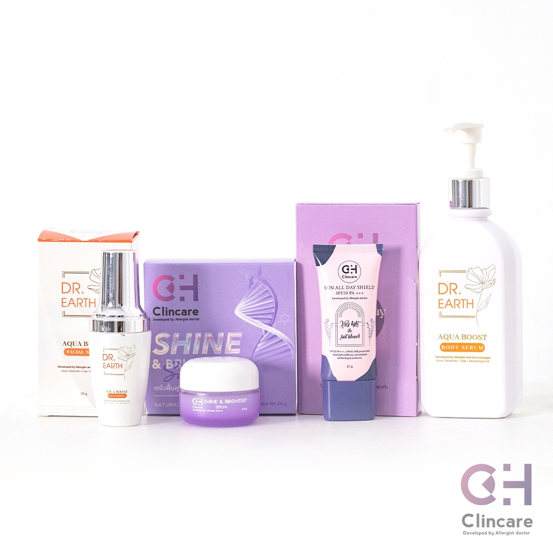 เซ็ต 4 ชิ้น | กันแดด+เซรั่ม+โลชั่น | CH Clincare Sun Screen + Dr.EARTH Facial Serum + Body Serum + Shine & Brightery