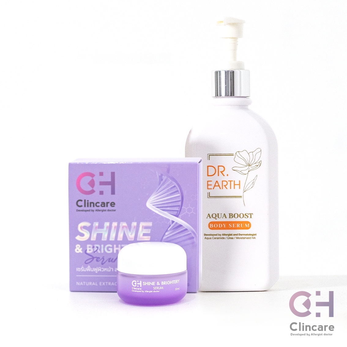 โปรจับคู่ เซรั่ม+โลชั่น | Shine & Brightery Serum เซรั่มฟื้นฟูผิวหน้า + Dr.EARTH Aqua Boost Body Serum ครีมทาผิว