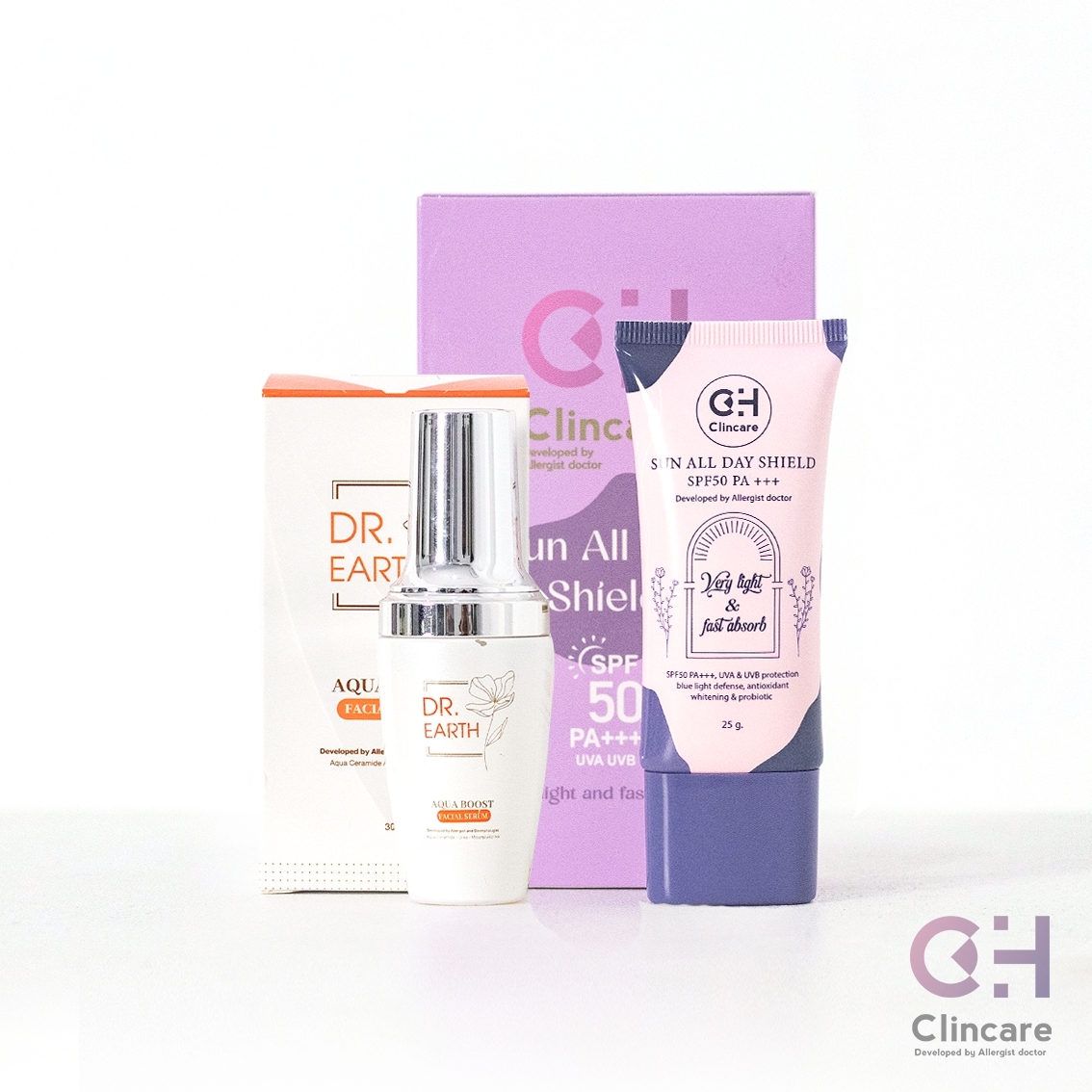 โปรจับคู่ กันแดด+เซรั่ม | กันแดดไฮยาคุณหมอ CH Clincare + เซรั่มบำรุงผิวหน้า Dr.EARTH Aqua Boost Facial Serum