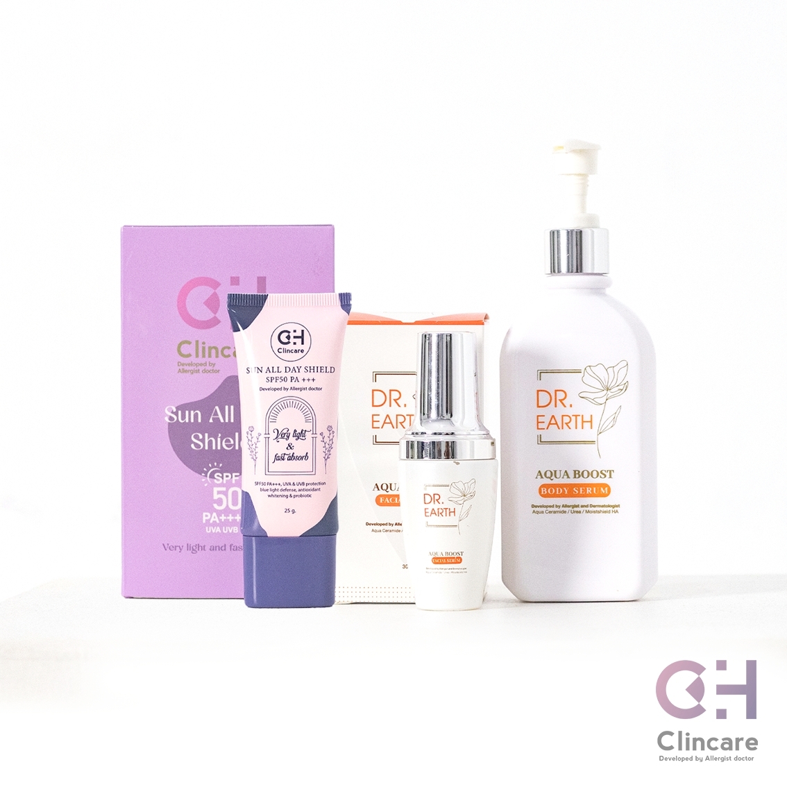 เซ็ต 3 ชิ้น | กันแดด+เซรั่ม+โลชั่น | CH Clincare Sun Screen + Dr.EARTH Aqua Boost Facial Serum + Body Serum