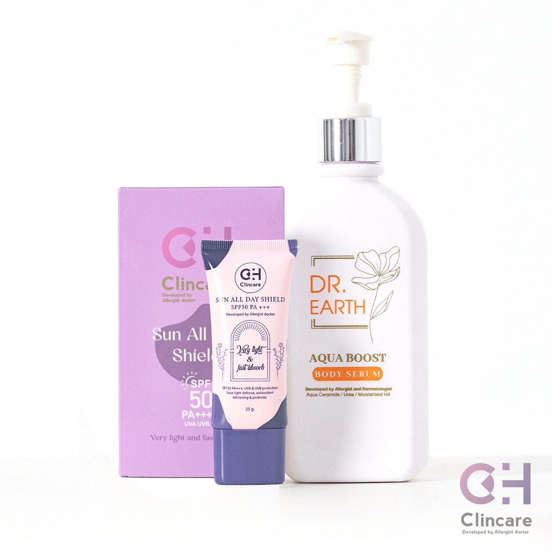 โปรจับคู่ กันแดด+โลชั่น | กันแดดไฮยาคุณหมอ CH Clincare + ครีมทาผิว Dr.EARTH Aqua Boost Body Serum