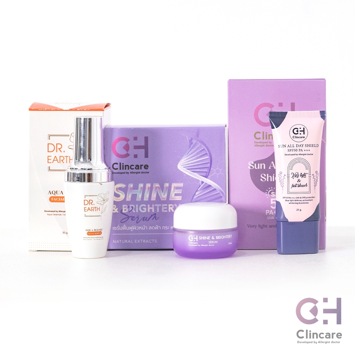 เซ็ต 3 ชิ้น | กันแดด+เซรั่ม | CH Clincare Sun Screen + Dr.EARTH Aqua Boost Facial Serum + Shine & Brightery Serum
