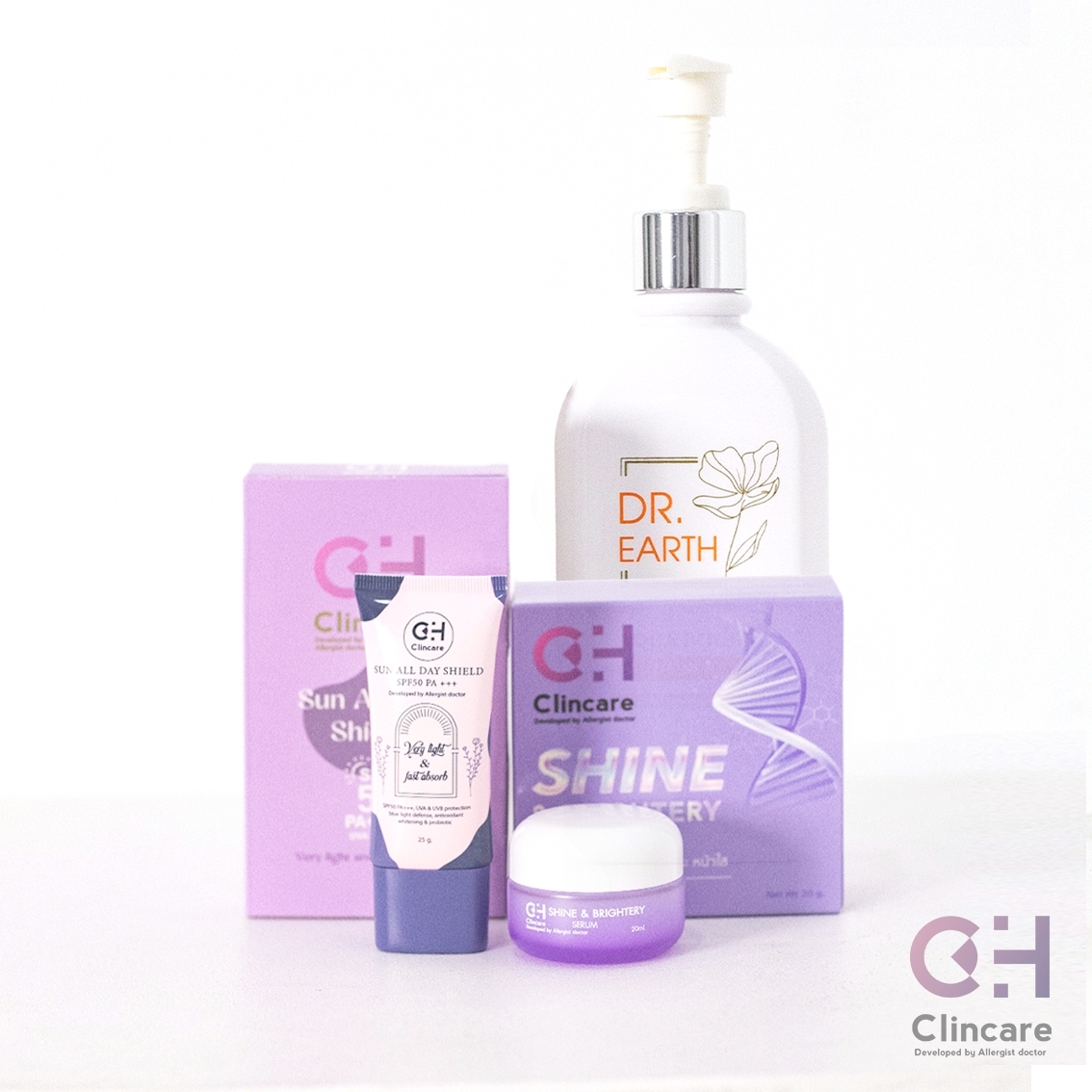 เซ็ต 3 ชิ้น | กันแดด+เซรั่ม+โลชั่น | CH Clincare Sun Screen + Dr.EARTH Aqua Boost Body Serum + Shine & Brightery Serum