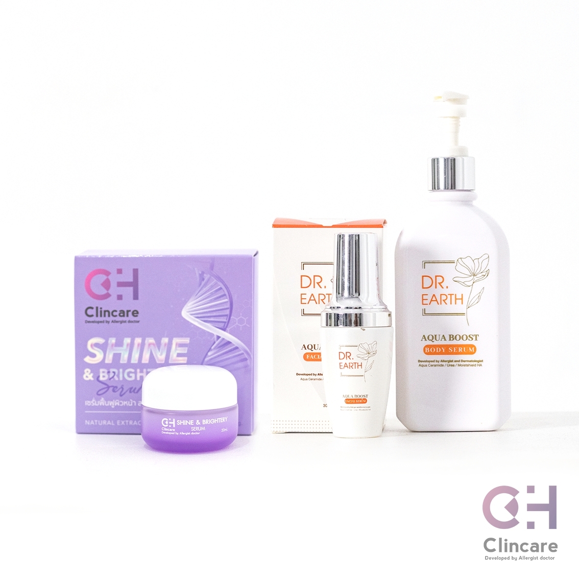 เซ็ต 3 ชิ้น | เซรั่ม+โลชั่น | Dr.EARTH Aqua Boost Facial Serum + Body Serum + Shine & Brightery Serum เซรั่มฟื้นฟูผิวหน้